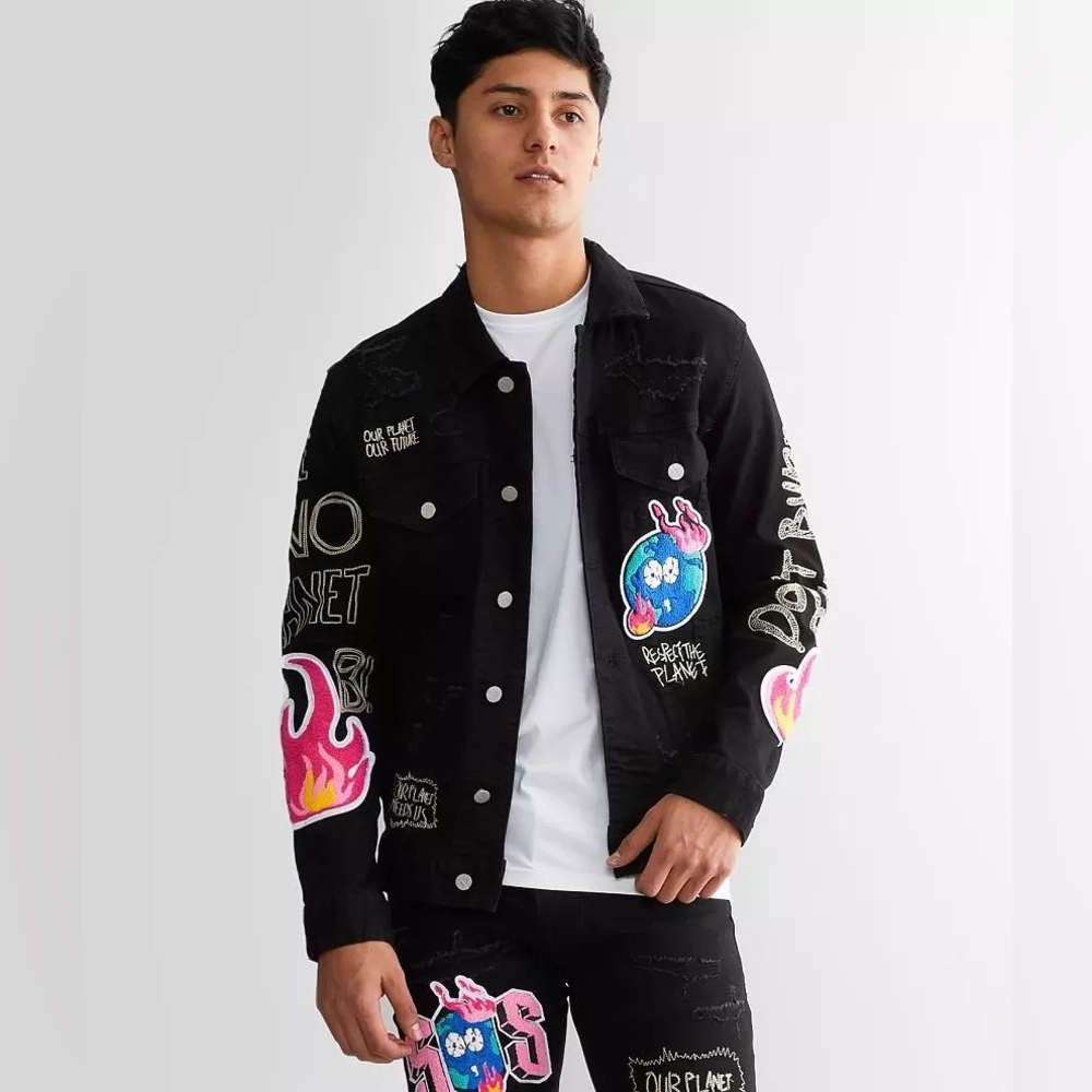 First Row Save Out Planet Embroidered Patch Denim Stretch Jacket Black | Size L